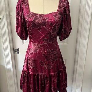 Velvet Floral Square-Neck Mini Dress in Deep Berry